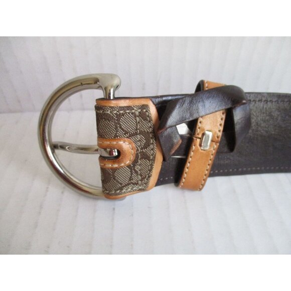 *COACH Brown Tan Belt Small Canvas LOGO D-Ring Silver Buckle - Large - Picture 4 of 7